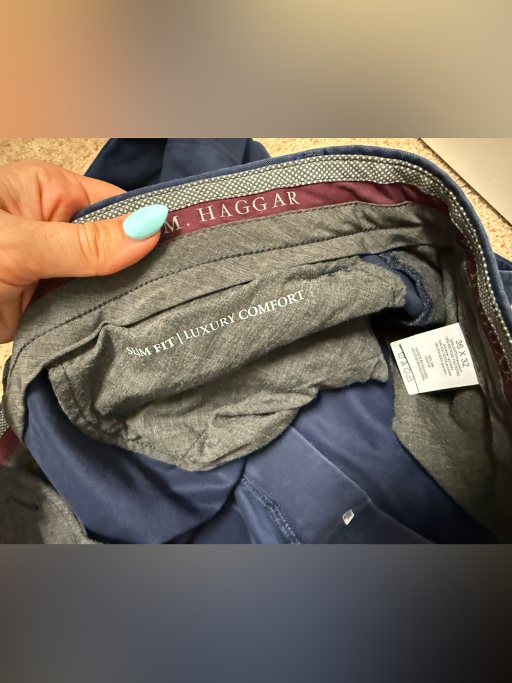 Men JM Haggar Navy Blue Flat-Front Pants - Picture 4 of 4